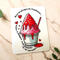 Chévereh Eres Mi Piragua postcard with raspberry shaved ice illustration, red hearts, and Spanish romantic text.