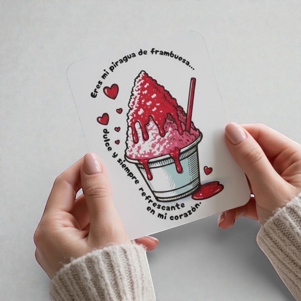 Chévereh 5x7 postcard featuring a raspberry piragua illustration with hearts and romantic Spanish text.