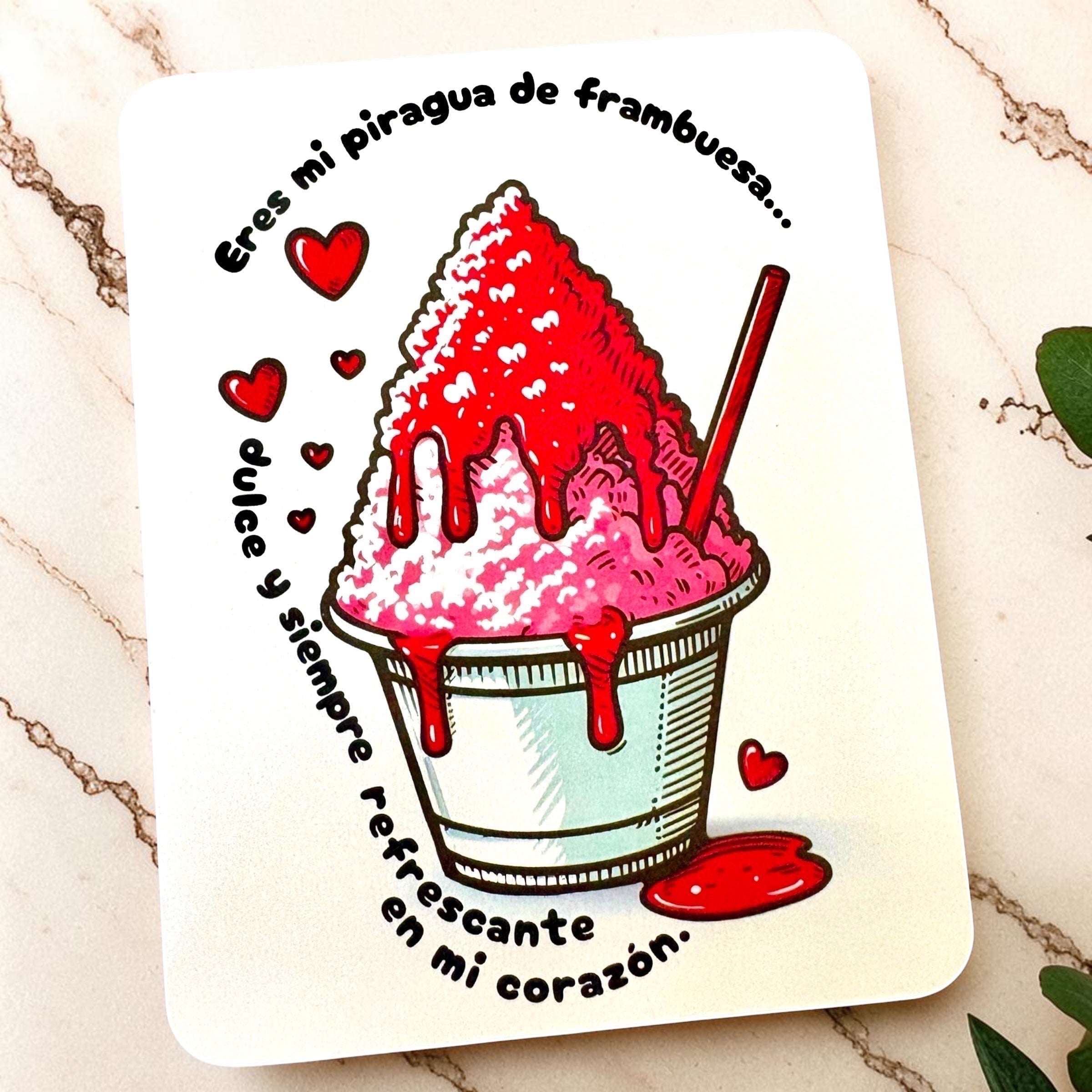 Chévereh Eres Mi Piragua postcard with a raspberry shaved ice illustration, red hearts, and Spanish romantic text.