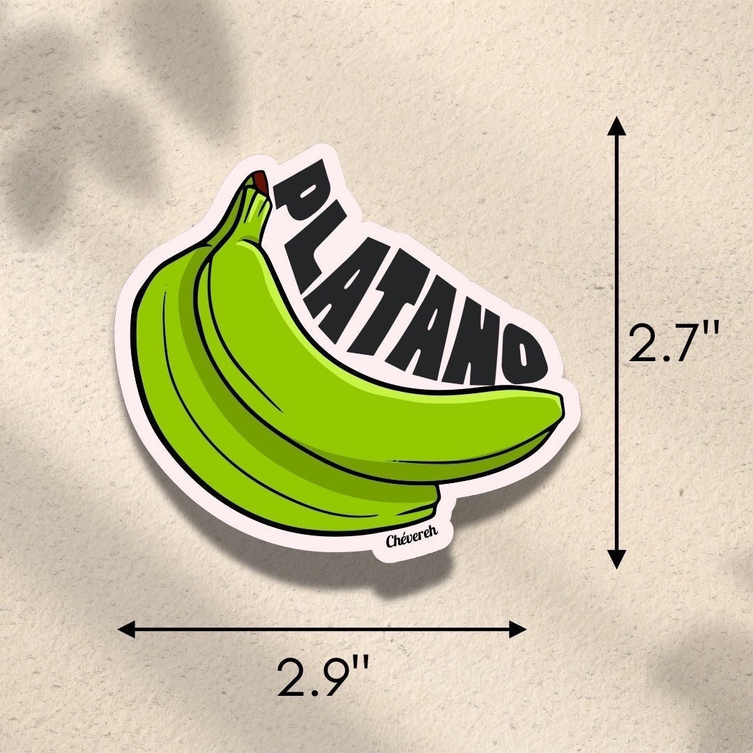 Chévereh Plátano sticker featuring a bunch of green bananas with the word PLÁTANO in black text. Waterproof vinyl with glossy finish.