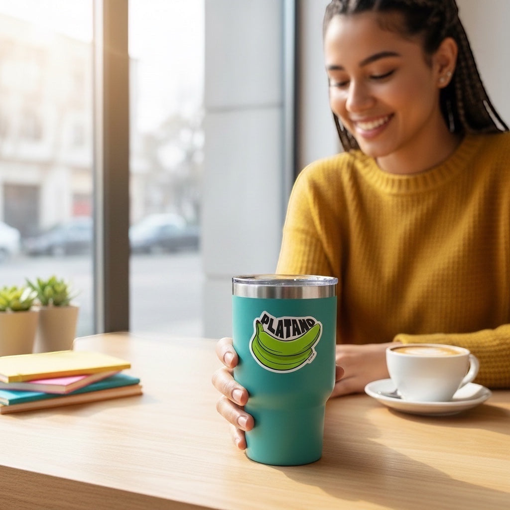 Chévereh Plátano vinyl sticker with glossy finish on a teal tumbler, featuring green bananas and the word Plátano.