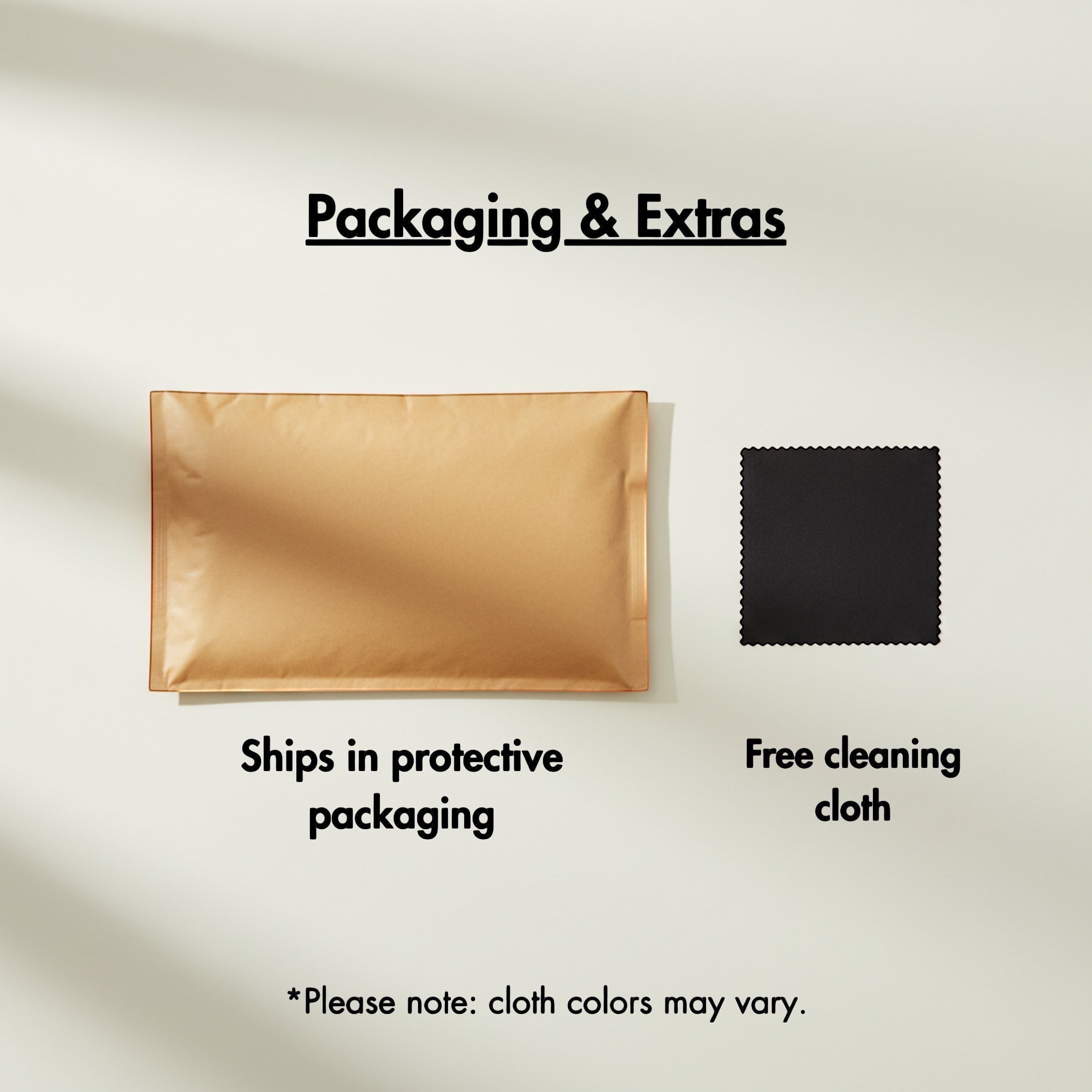 Chévereh protective brown shipping envelope and black microfiber jewelry cleaning cloth for delicate necklaces.