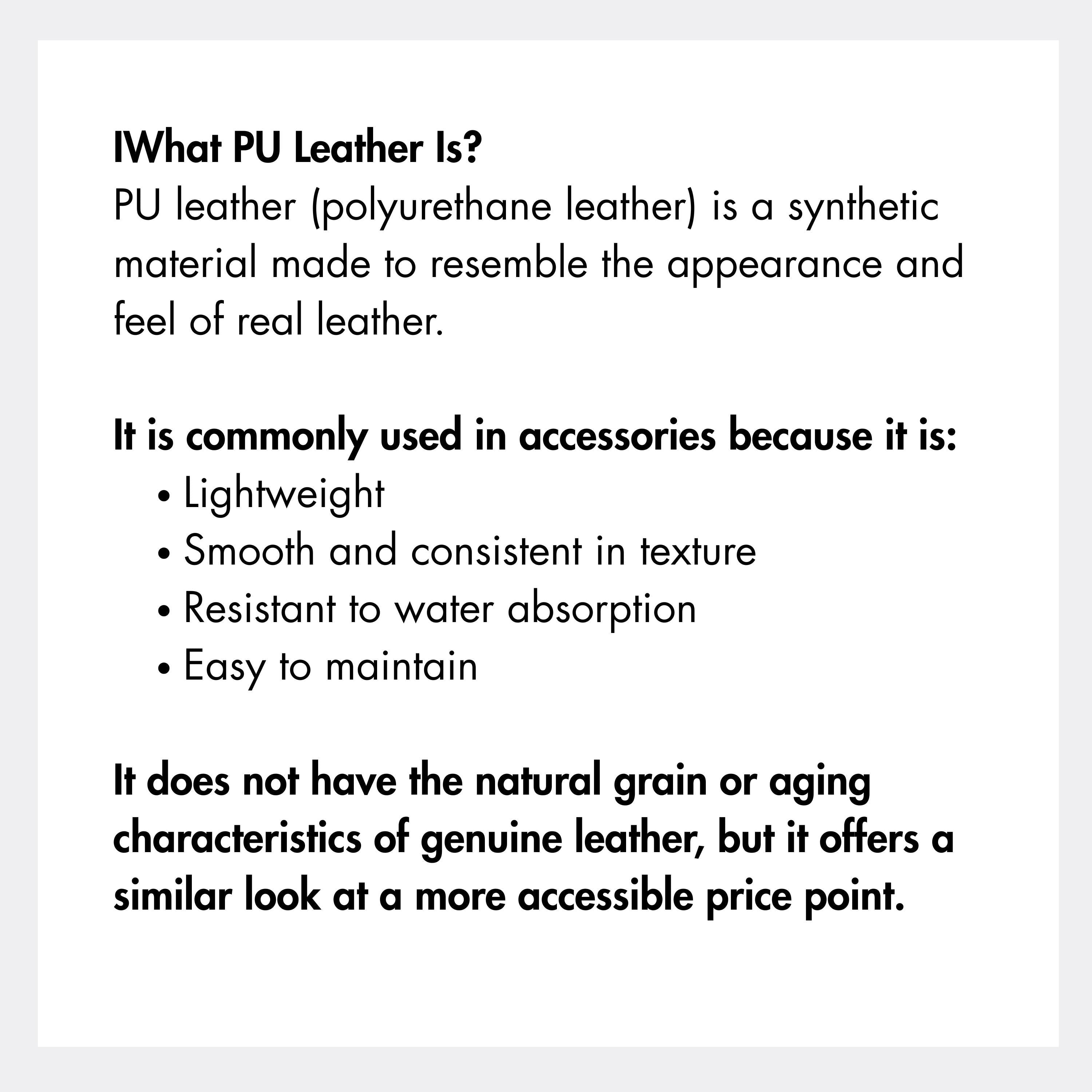 Chévereh informational graphic explaining the benefits and features of durable, lightweight PU leather material.