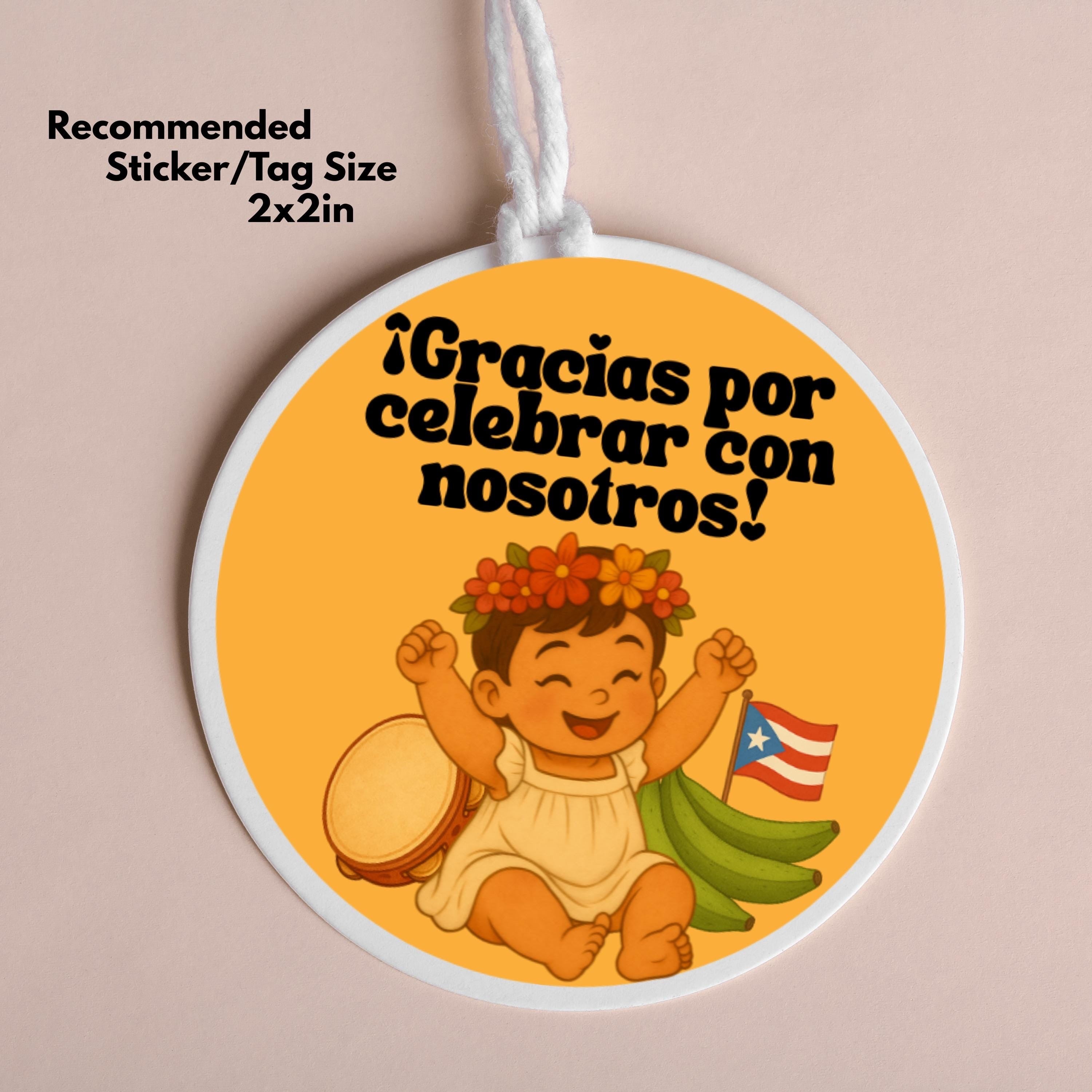 Chévereh printable sticker featuring a baby wearing a flower crown, holding a tambourine, with bananas and a Puerto Rican flag. Text says "¡Gracias por celebrar con nosotros!"