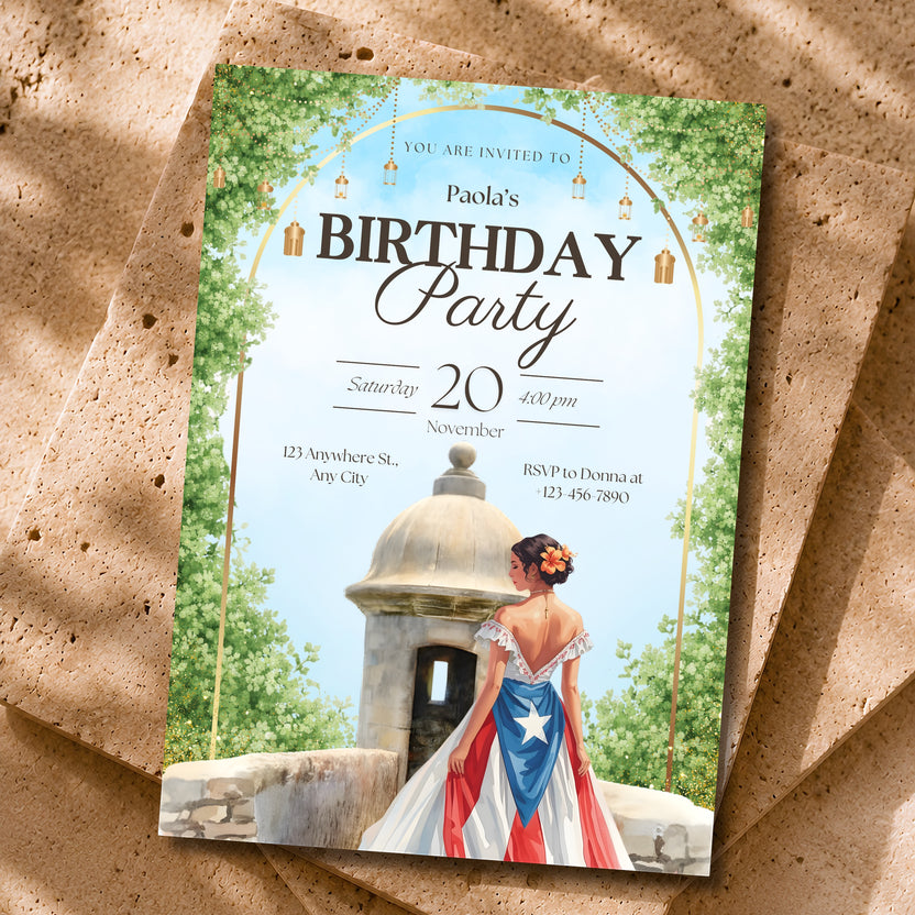Chévereh digital birthday invitation with Puerto Rican flag dress, El Morro, and tropical greenery.