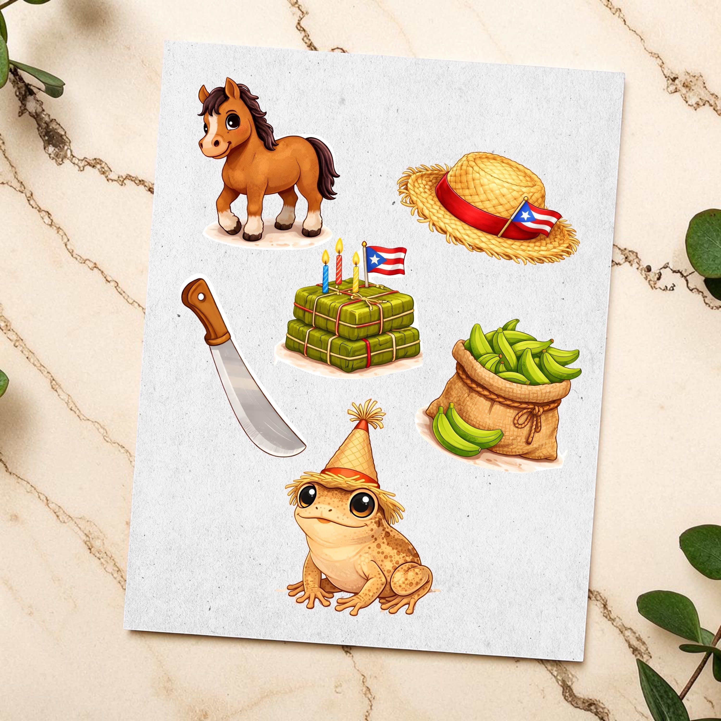 Chévereh Digital bundle with Puerto Rican cultural icons: horse, pasteles cake, machete, straw hat, bag of plantains, and frog in party hat.