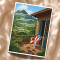 Chévereh digital art print of a Puerto Rican flag draped on a chair on a wooden porch with mountains and tropical plants.
