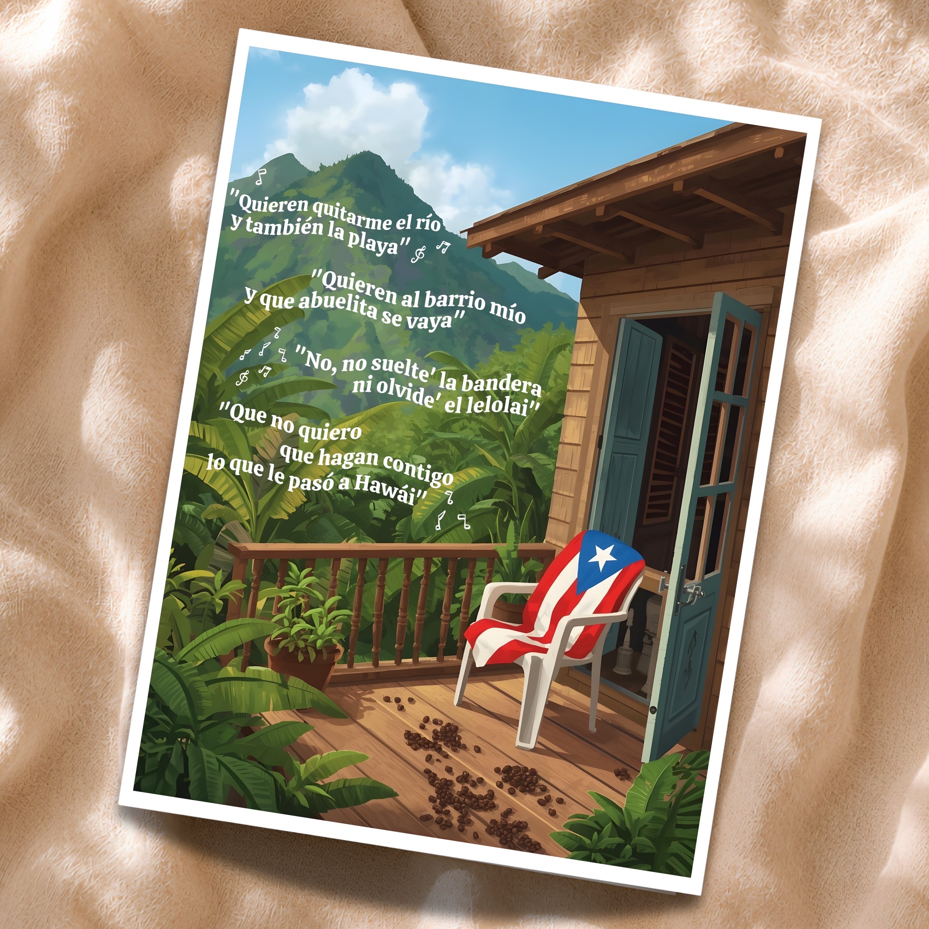 Chévereh digital art print of a Puerto Rican flag draped on a chair on a wooden porch with mountains and tropical plants.