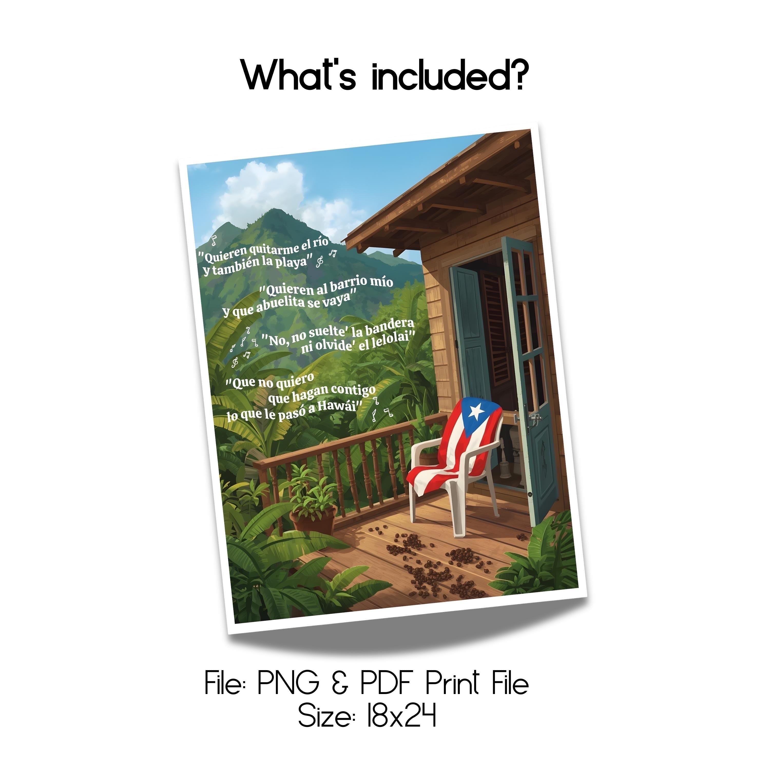 Chévereh digital art print of a Puerto Rican flag draped chair on a wooden porch with lush mountains and tropical greenery. Features song lyrics.