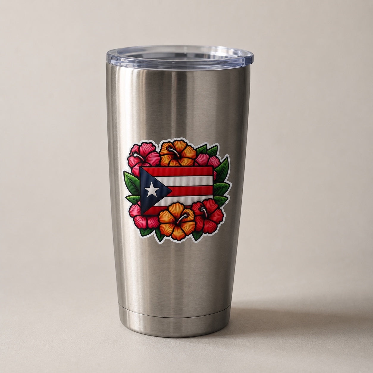 Chévereh Puerto Rican flag sticker with maga flowers, waterproof vinyl, glossy finish.