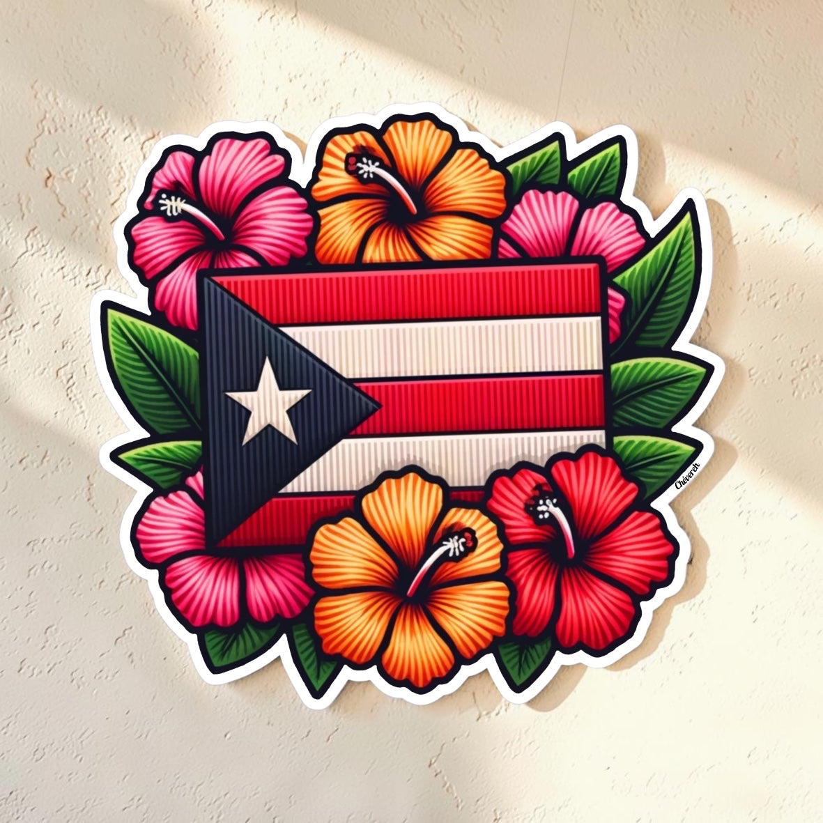 Chévereh Puerto Rican flag sticker with mega flowers. Waterproof vinyl decal with glossy finish.