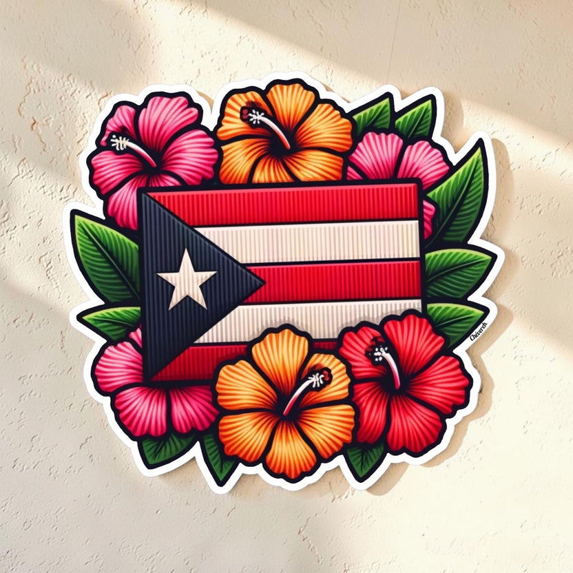 Chévereh Puerto Rican flag sticker with mega flowers. Waterproof vinyl decal with glossy finish.