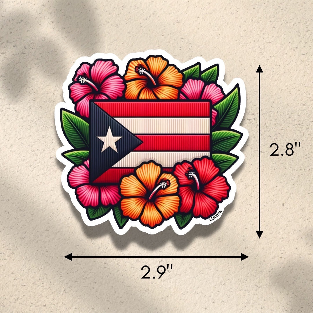 Chévereh Puerto Rican flag sticker with maga flowers, waterproof vinyl, glossy finish, 2.9" x 2.8"