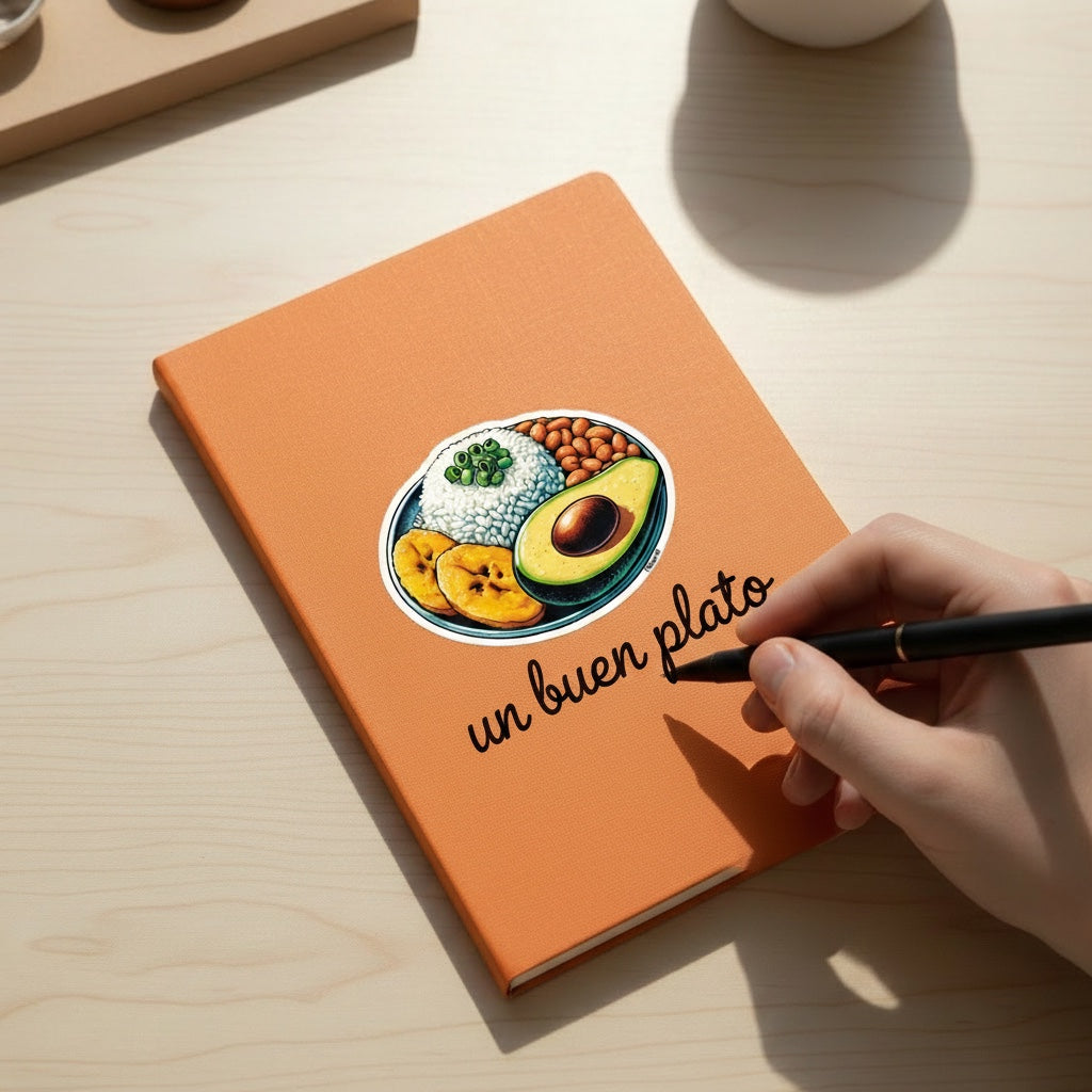 Chévereh Buen Plato sticker featuring rice, beans, avocado, and plantains. Vinyl decal.