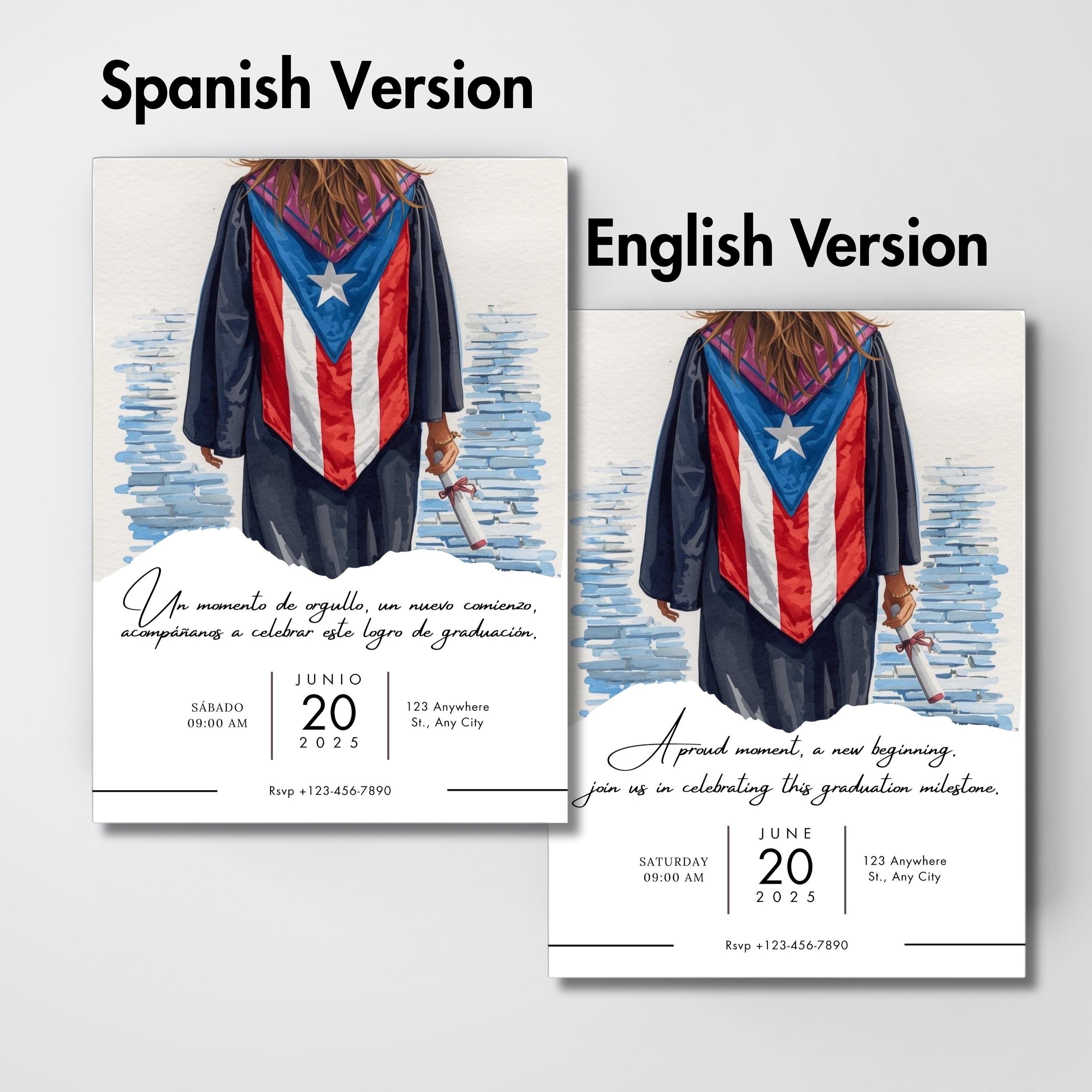 Chévereh Graduation Invitation: Female graduate in cap and gown with Puerto Rican flag stole, holding diploma. Digital download.