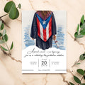 Chévereh Graduation invitation featuring a female graduate in a cap and gown with a Puerto Rican flag stole, holding a diploma.