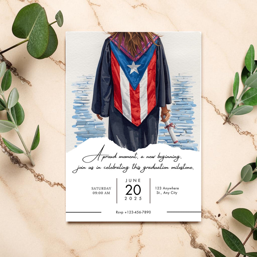 Chévereh Graduation invitation featuring a female graduate in a cap and gown with a Puerto Rican flag stole, holding a diploma.