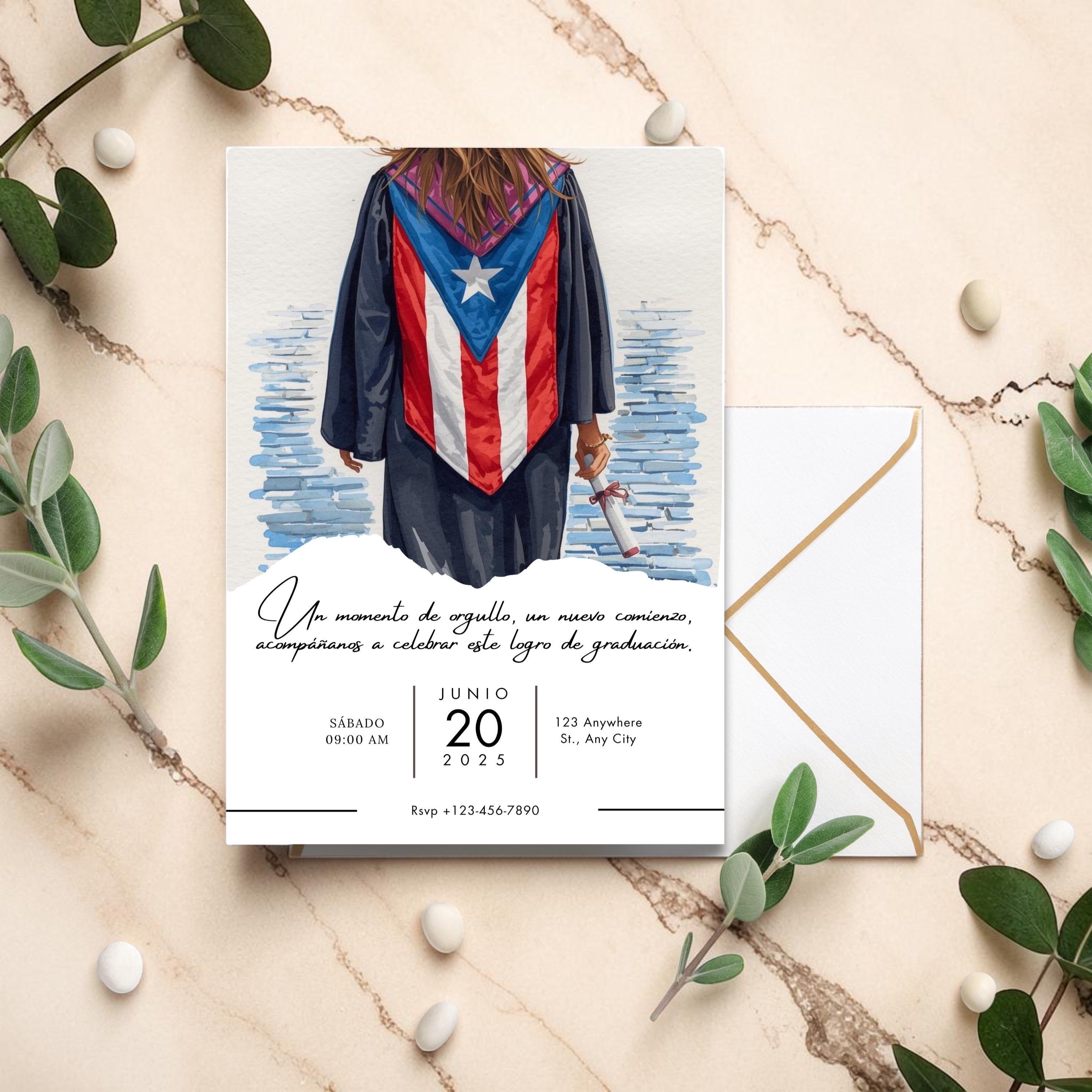 Chévereh Graduation Invitation: Female graduate in cap and gown with Puerto Rican flag stole, holding diploma. Digital download.