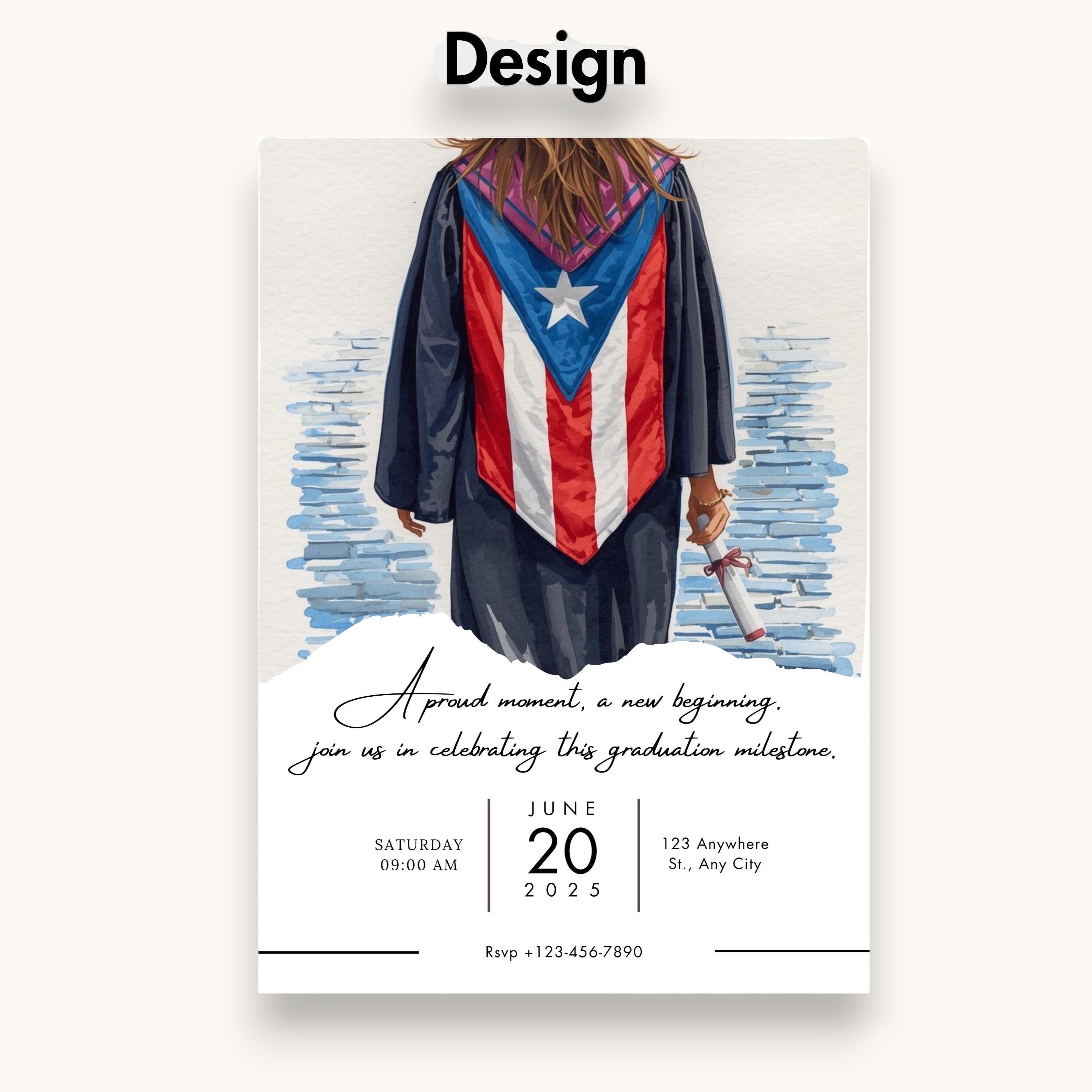 Chévereh Graduation invitation featuring a female graduate in a cap and gown with a Puerto Rican flag stole, holding a diploma.
