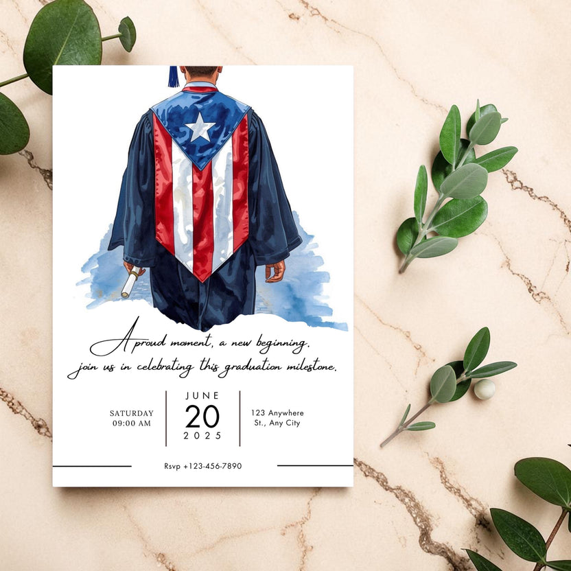 Chévereh Graduation Invitation: Male graduate in cap and gown with Puerto Rican flag stole, holding diploma. Digital download.