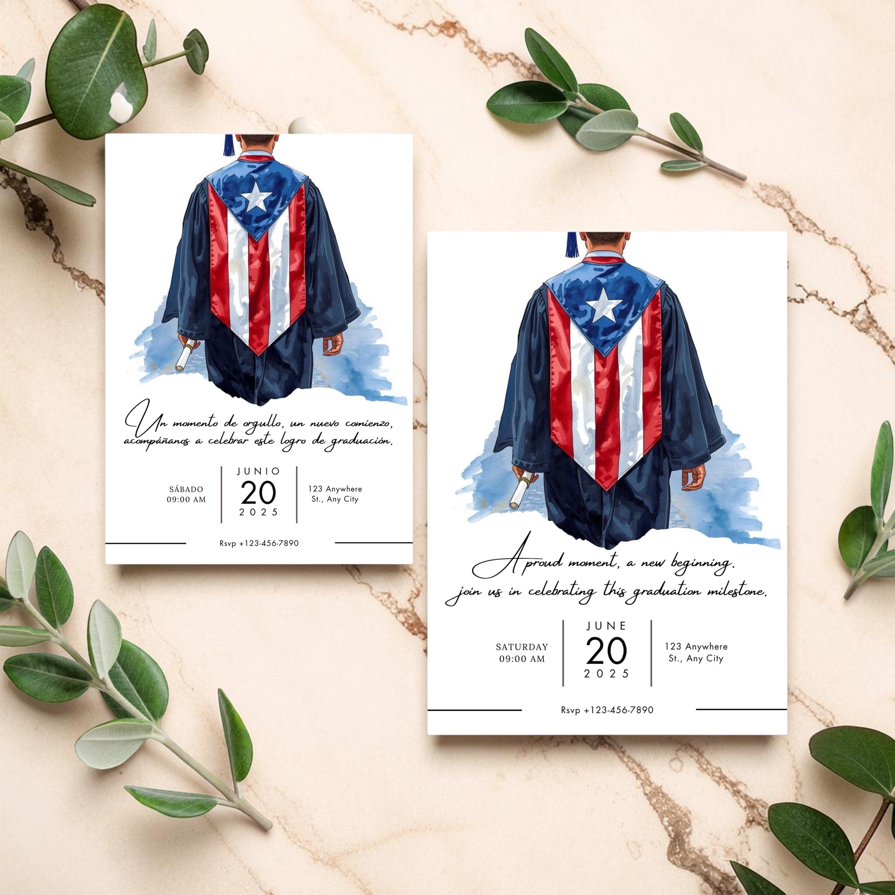 Chévereh Graduation invitation featuring a male graduate in a cap and gown with a Puerto Rican flag sash. Digital download.