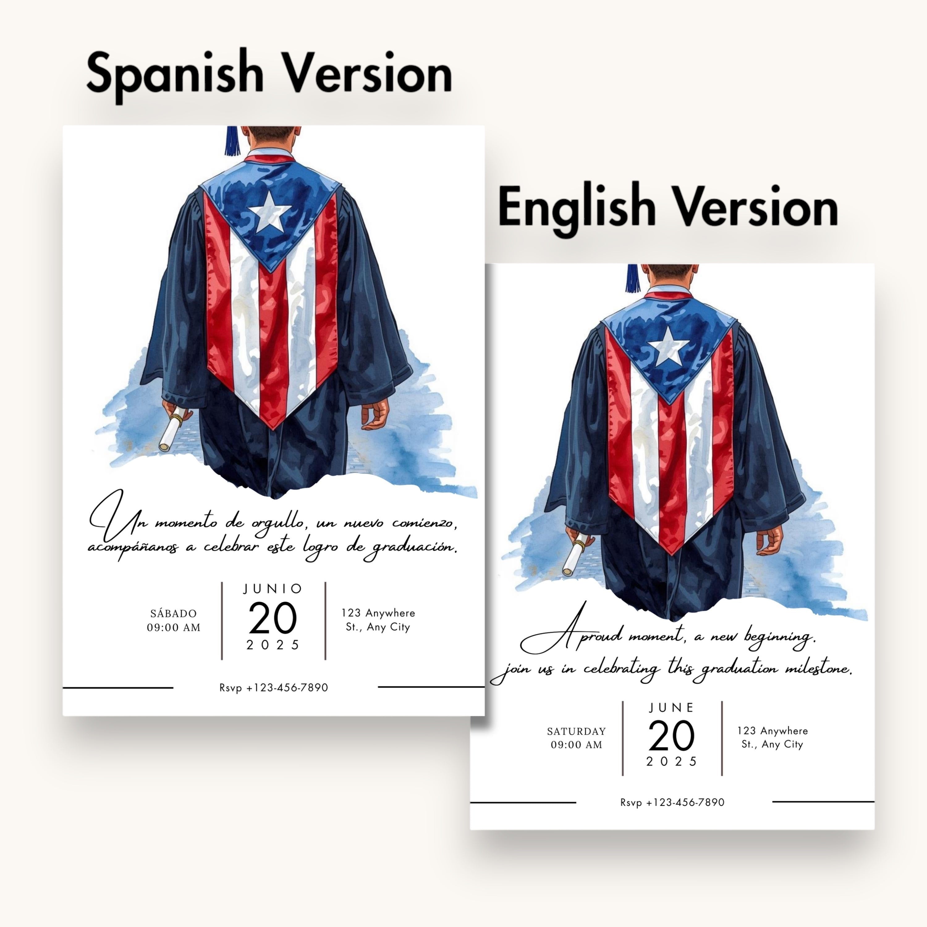 Chévereh Graduation invitation featuring a male graduate in a cap and gown with a Puerto Rican flag sash. Digital download.