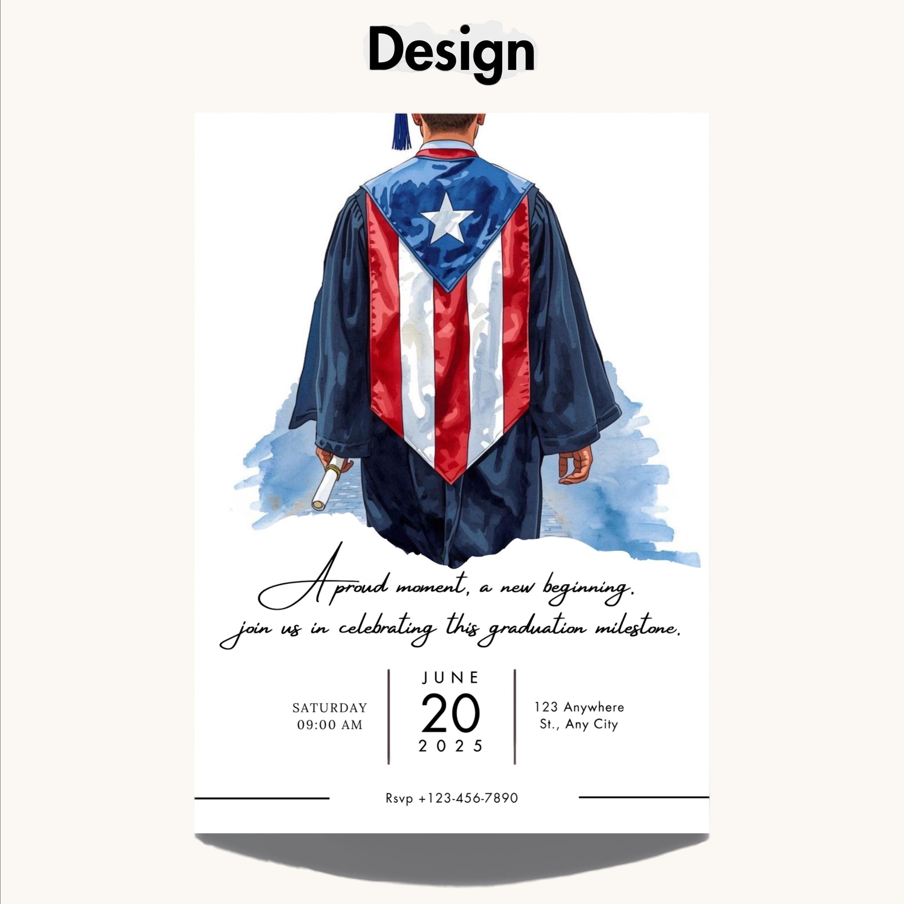 Chévereh Graduation Invitation: Male graduate in cap and gown with Puerto Rican flag stole, holding diploma. Digital download.