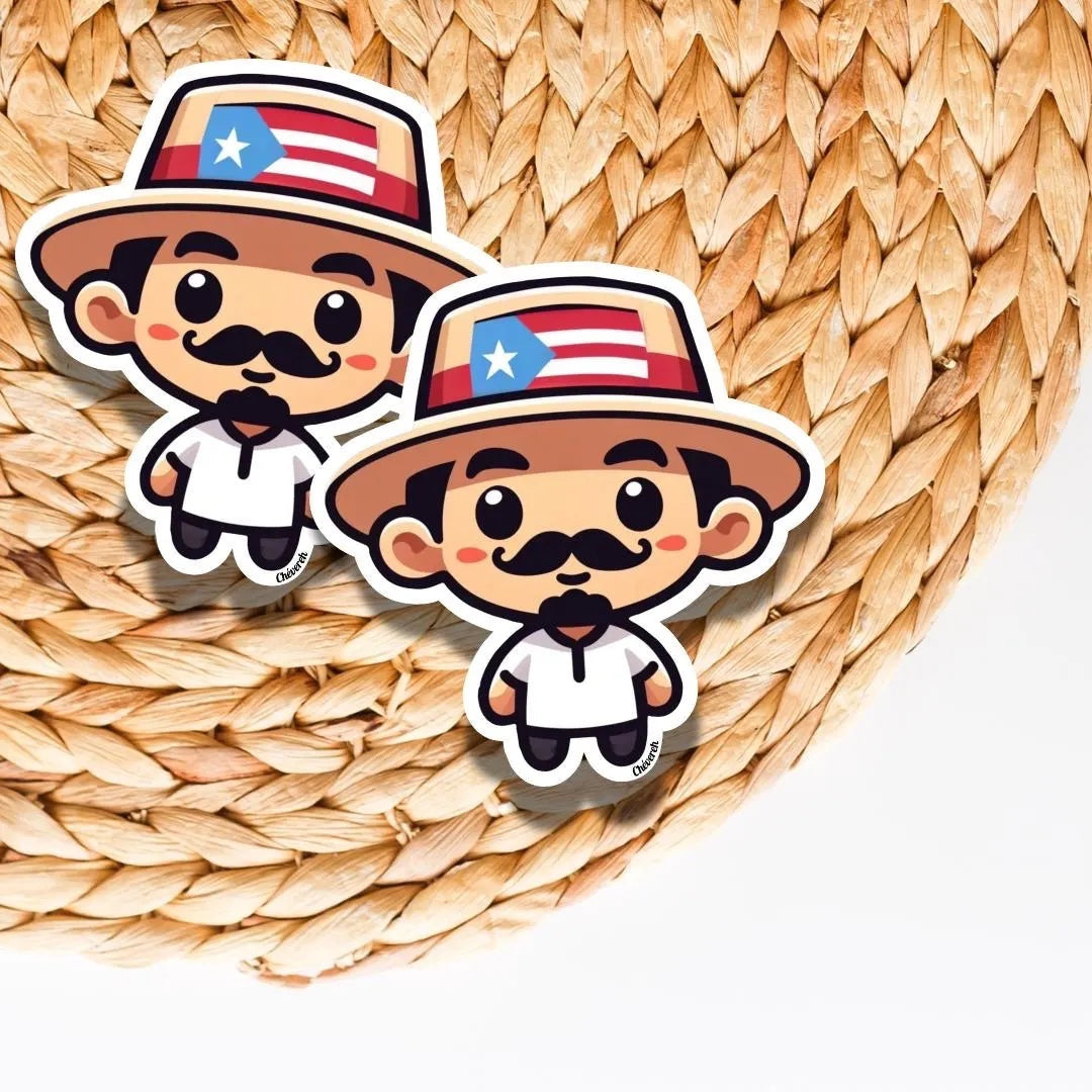 Chévereh Puerto Rican inspired vinyl stickers featuring cute cartoon jíbaros with Puerto Rican flags on their hats.
