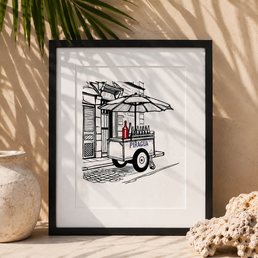 Chévereh Puerto Rican piragua cart illustration with red syrup bottle and colorful syrups, framed art print.