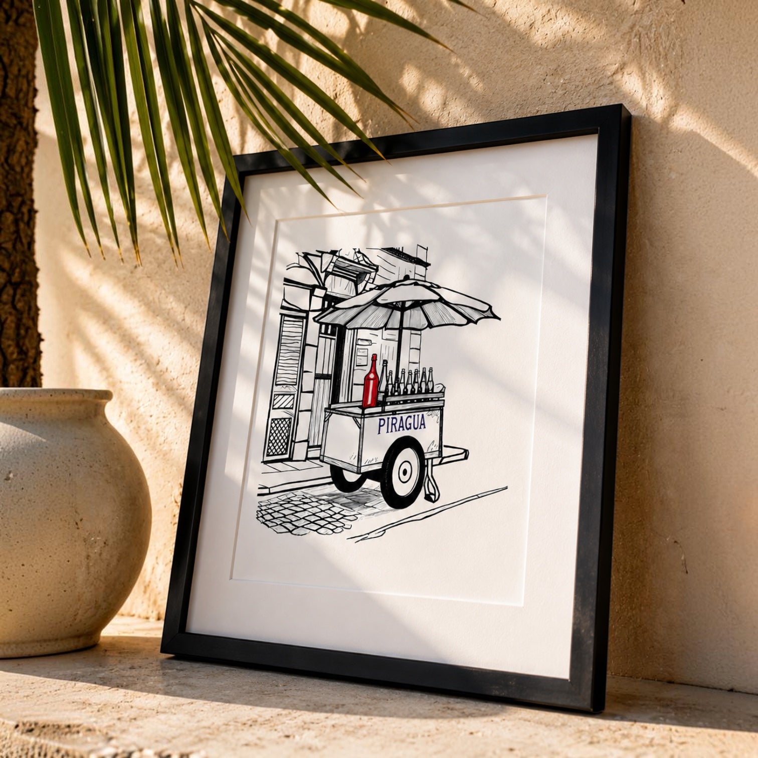Chévereh Puerto Rican piragua cart illustration with colorful syrups and a red bottle, framed art print.