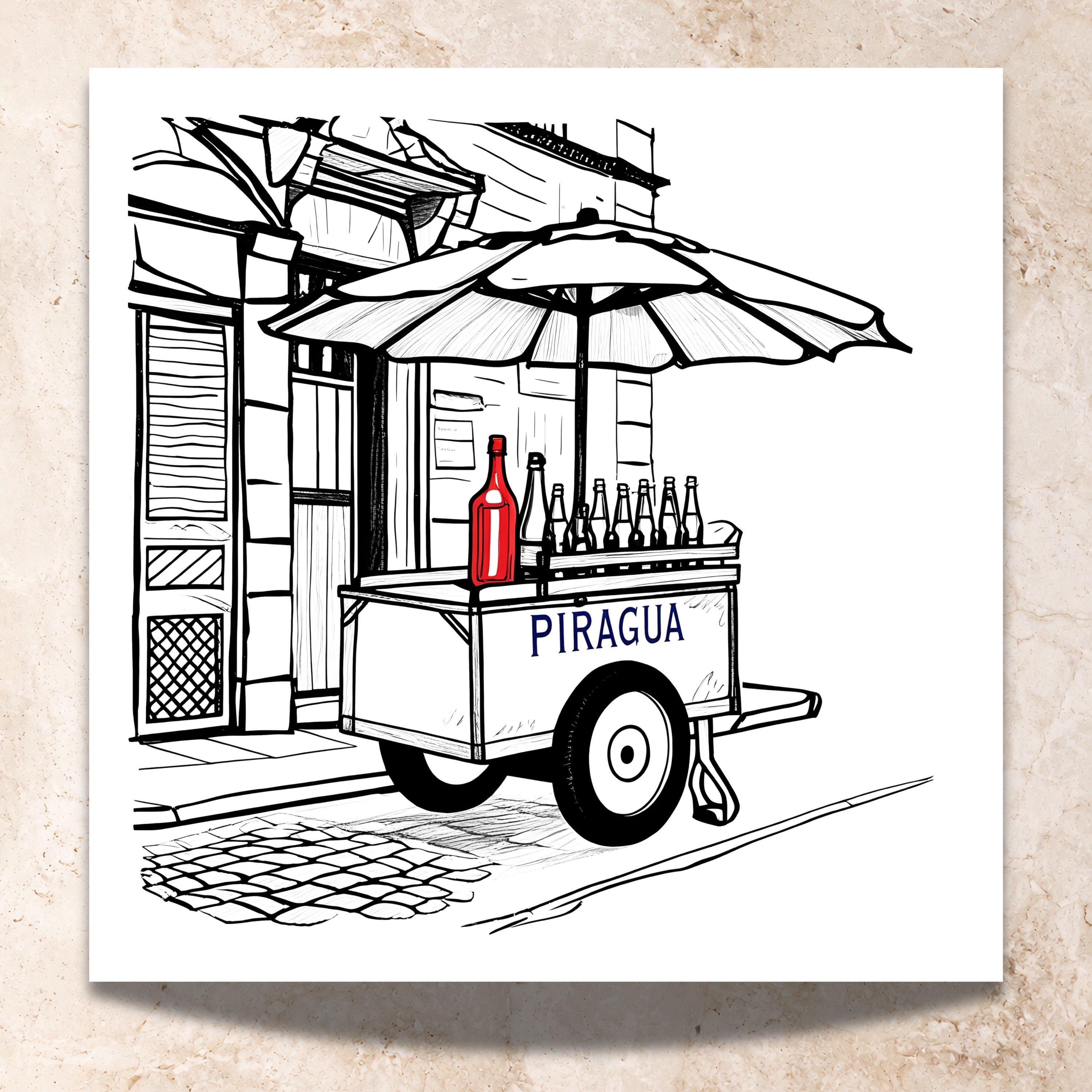 Chévereh Puerto Rican piragua cart illustration with red syrup bottle and bottles on display.