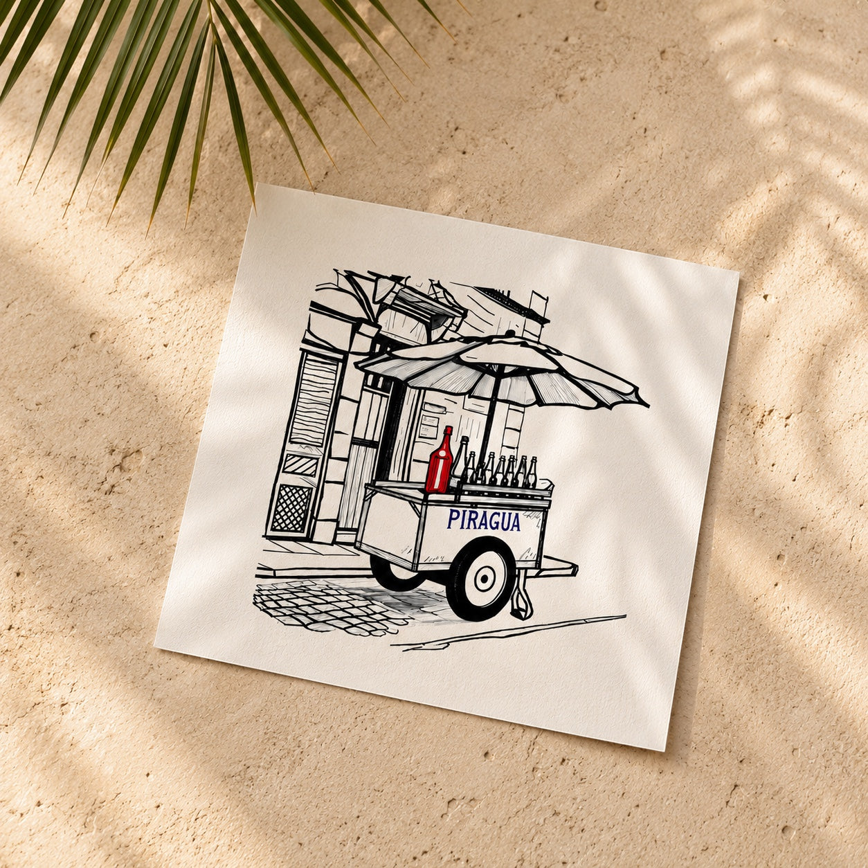 Chévereh Puerto Rican Piragua Cart digital art print, featuring a cart with colorful syrups and bottles under an umbrella.