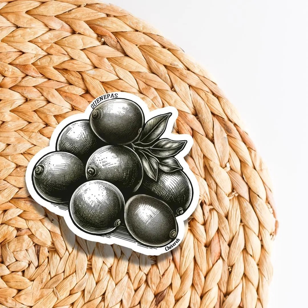 Chévereh Puerto Rican quenepas sticker, black and white illustration of a bunch of quenepas with leaves.
