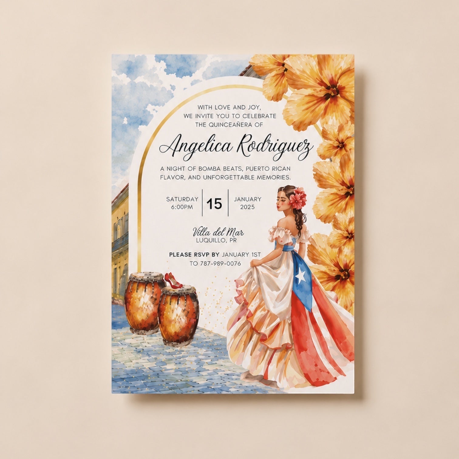 Chévereh Quinceañera invitation with Bomba theme, featuring a woman in a Puerto Rican flag dress, hibiscus flowers, and conga drums.