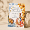 Chévereh Quinceañera invitation with Bomba theme, featuring a woman in a Puerto Rican flag dress, hibiscus flowers, and conga drums.