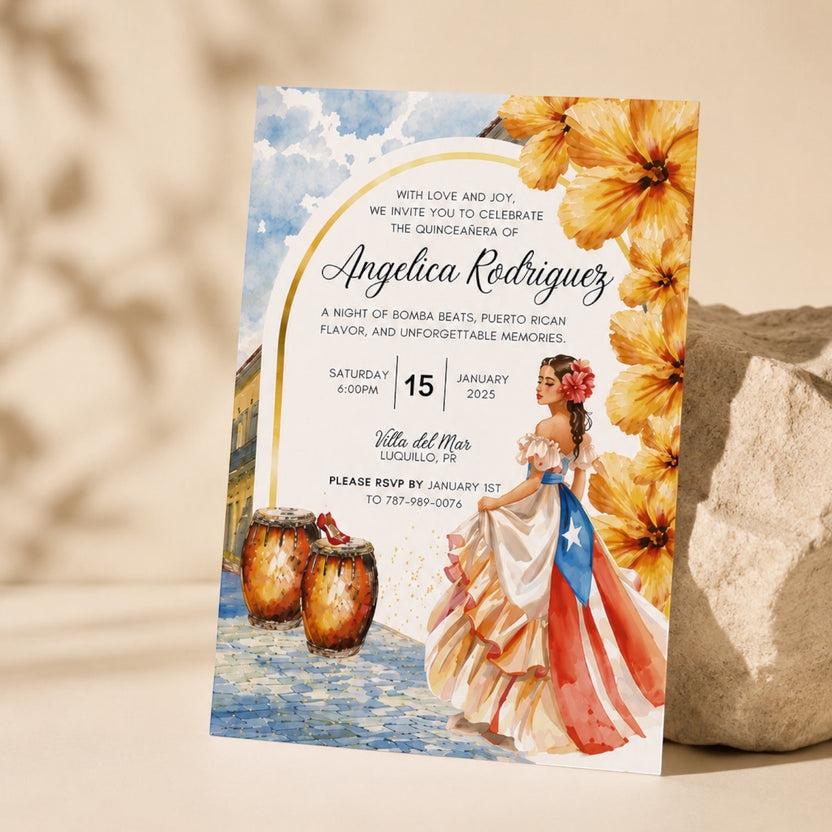 Chévereh Quinceañera invitation with Bomba theme, featuring a woman in a Puerto Rican flag dress, hibiscus flowers, and conga drums.
