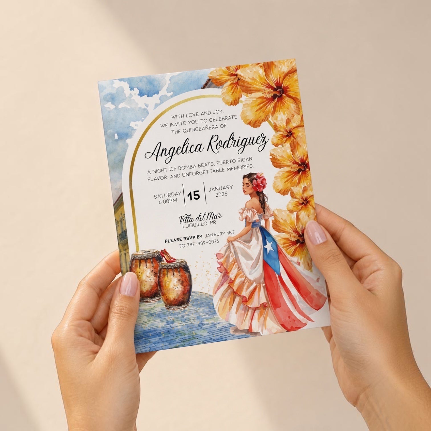 Chévereh Puerto Rican Quinceañera invitation with Bomba theme, featuring a woman in a flag dress and hibiscus flowers.