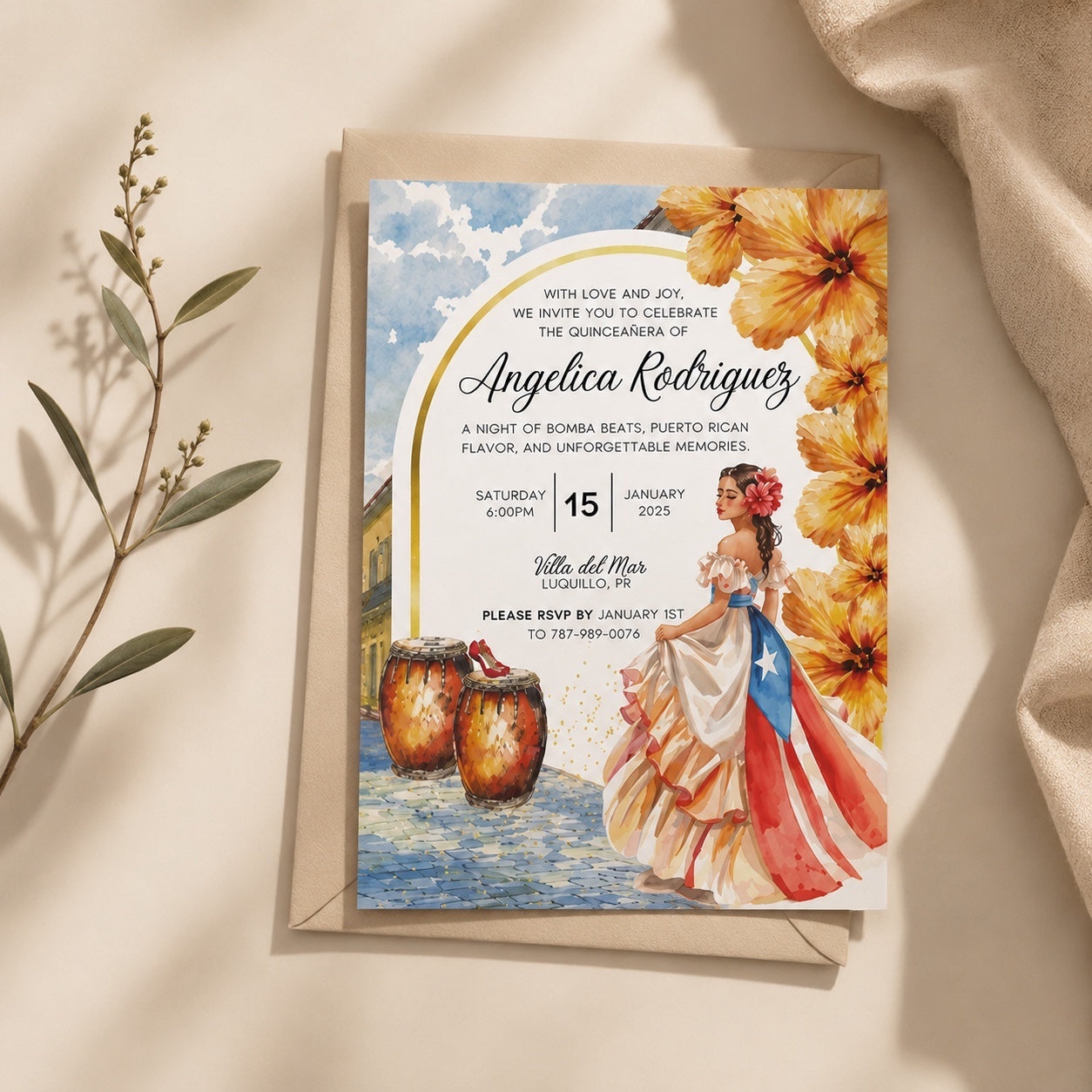 Chévereh Quinceañera invitation with Bomba theme, featuring a woman in a Puerto Rican flag dress, hibiscus flowers, and conga drums.
