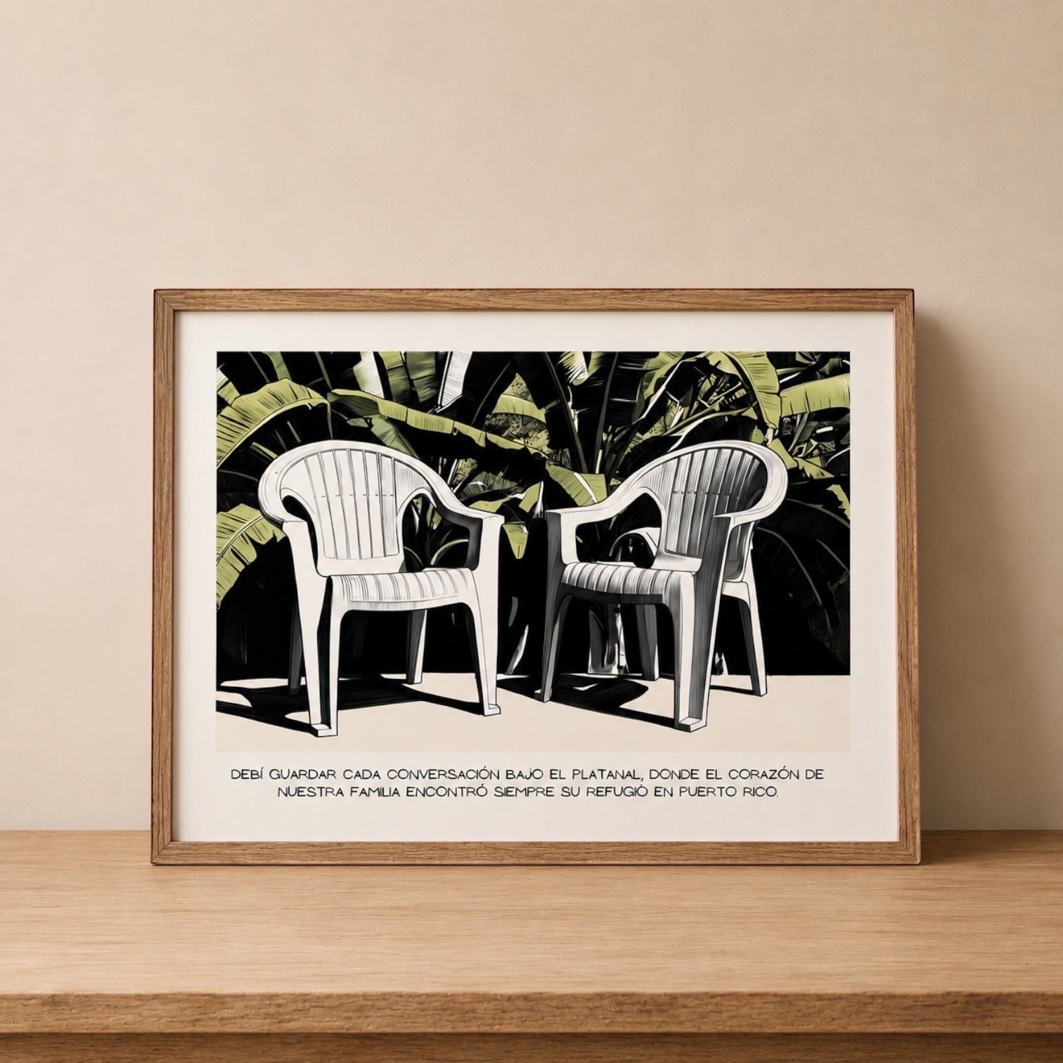 Chévereh digital art print of two white plastic chairs under plantain leaves, with Spanish text.