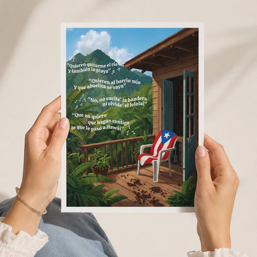 Chévereh digital art print of a white chair draped with Puerto Rican flag on a wooden porch with mountains and greenery. Features song lyrics.