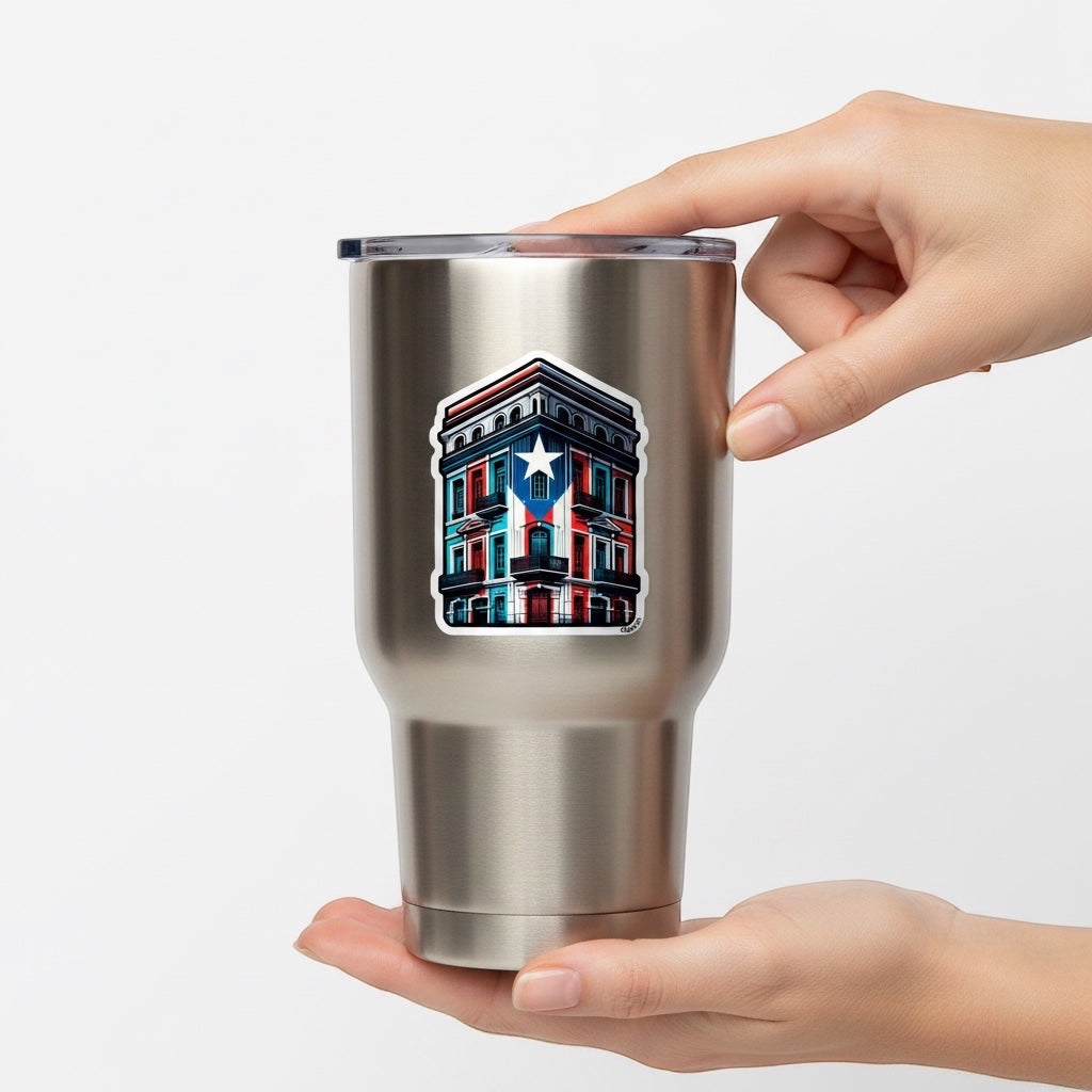 Chévereh Esquinita SJ vinyl sticker featuring a building design with Puerto Rico flag colors and a glossy finish.