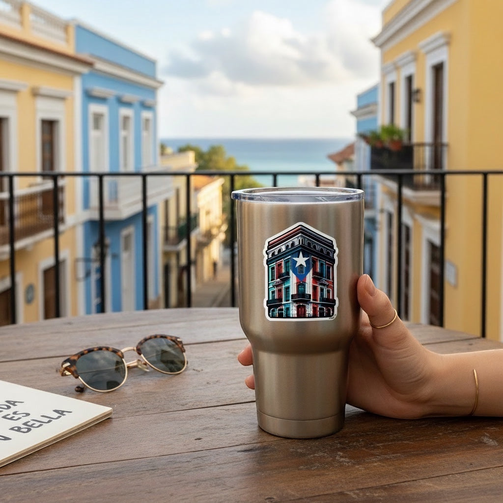 Chévereh sticker of a building with Puerto Rico flag colors and design, glossy finish.
