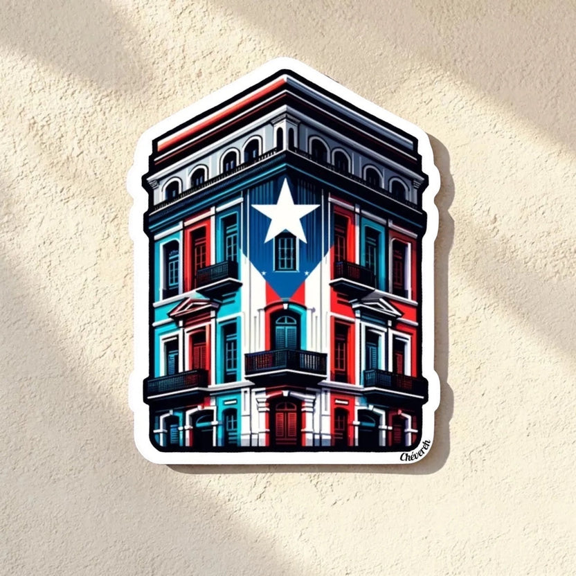 Chévereh sticker of a building facade with Puerto Rico flag colors and star detail. Waterproof vinyl.