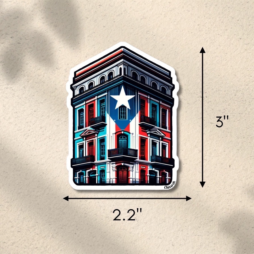 Chévereh Esquinita SJ vinyl sticker featuring a colorful building with Puerto Rican flag design, glossy finish.