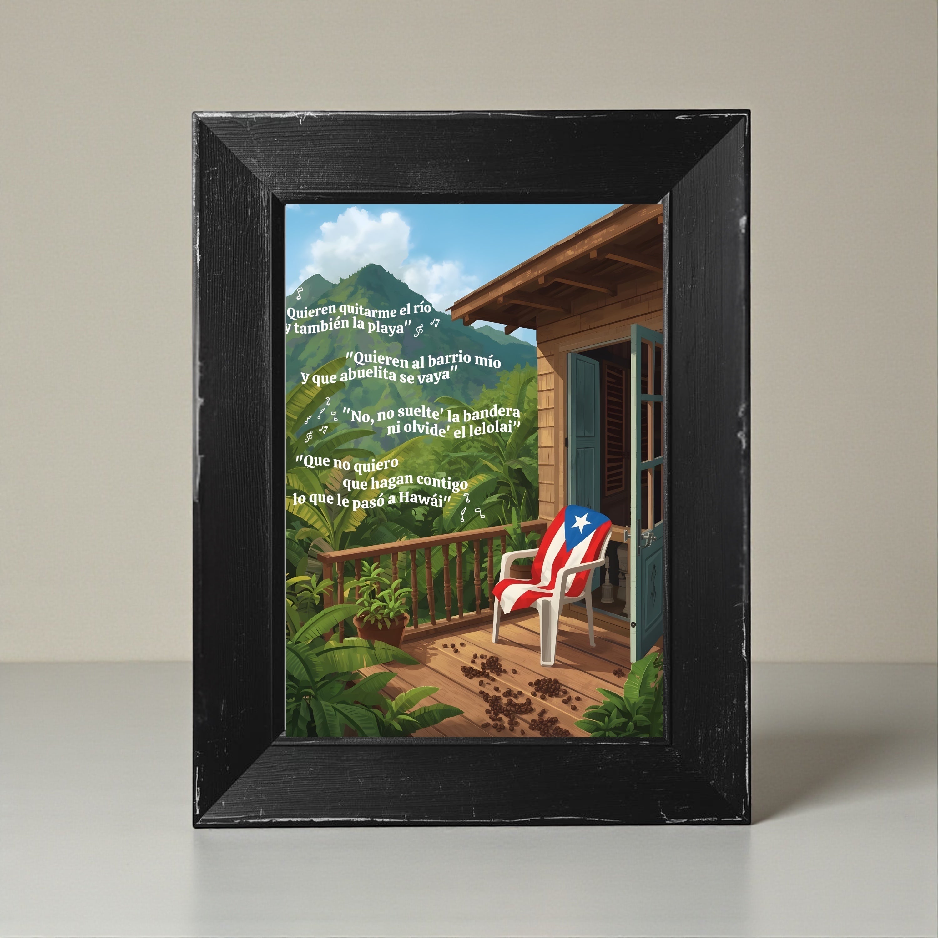 Chévereh digital art print of a Puerto Rican flag draped chair on a wooden porch with mountains and tropical plants.