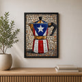 Chévereh Gold Greca Puerto Rico Flag digital art print featuring a Moka pot with mosaic design in red, white, and blue.