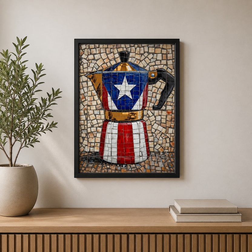 Chévereh Gold Greca Puerto Rico Flag digital art print featuring a Moka pot with mosaic design in red, white, and blue.