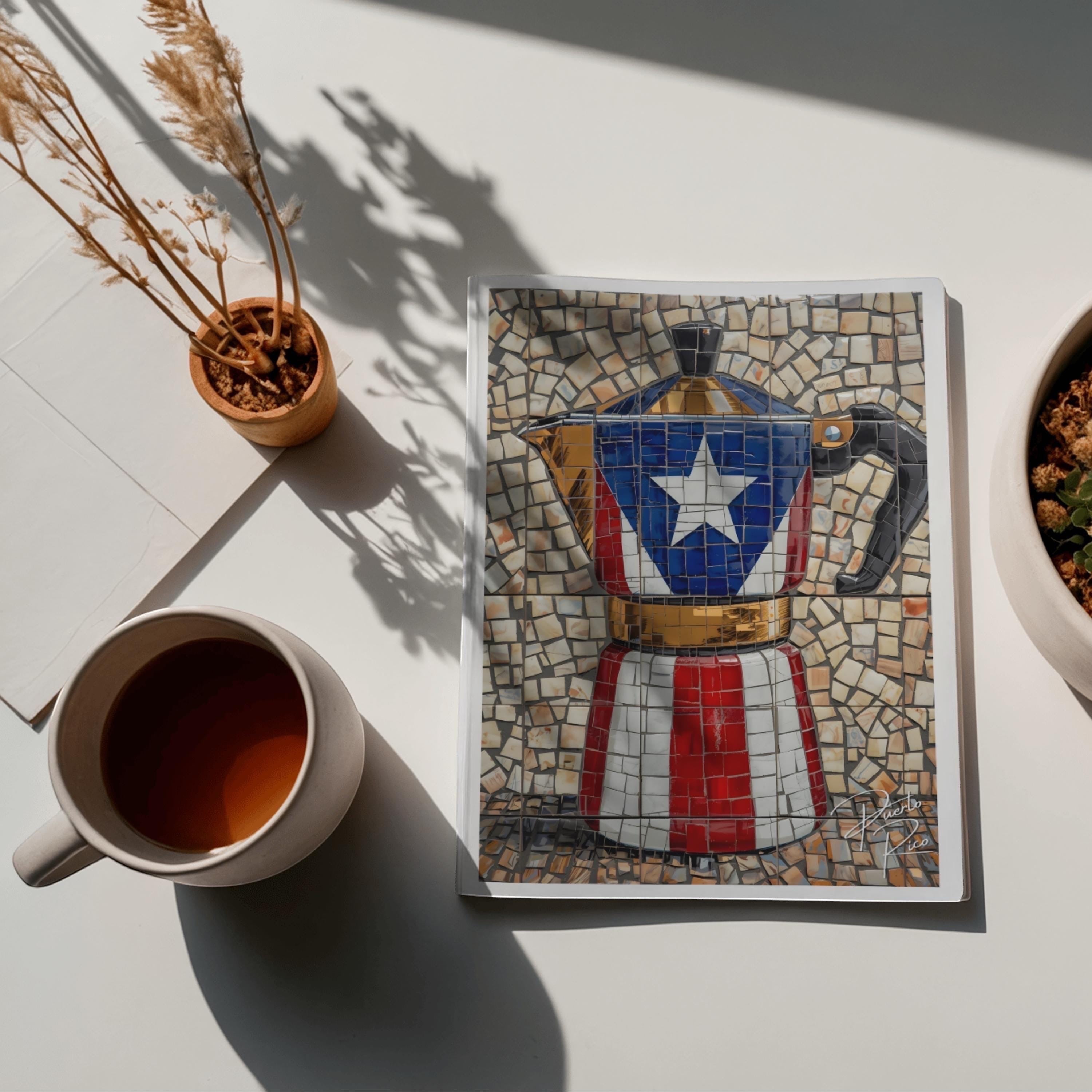 Chévereh Digital art print of a Moka pot with Puerto Rican flag colors and mosaic design.