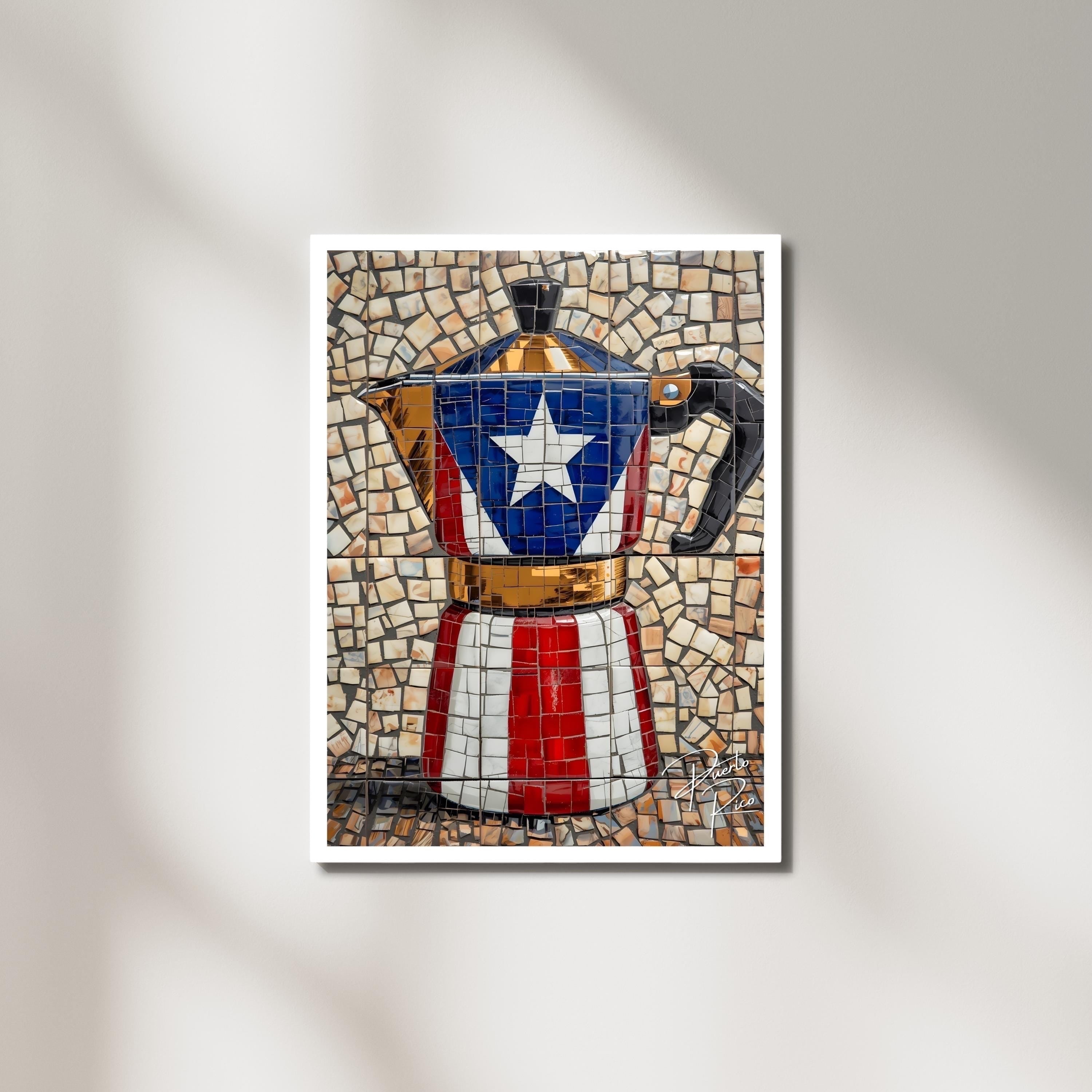 Chévereh Gold Greca Puerto Rico flag Moka pot digital art print with mosaic design. Red, white, and blue.