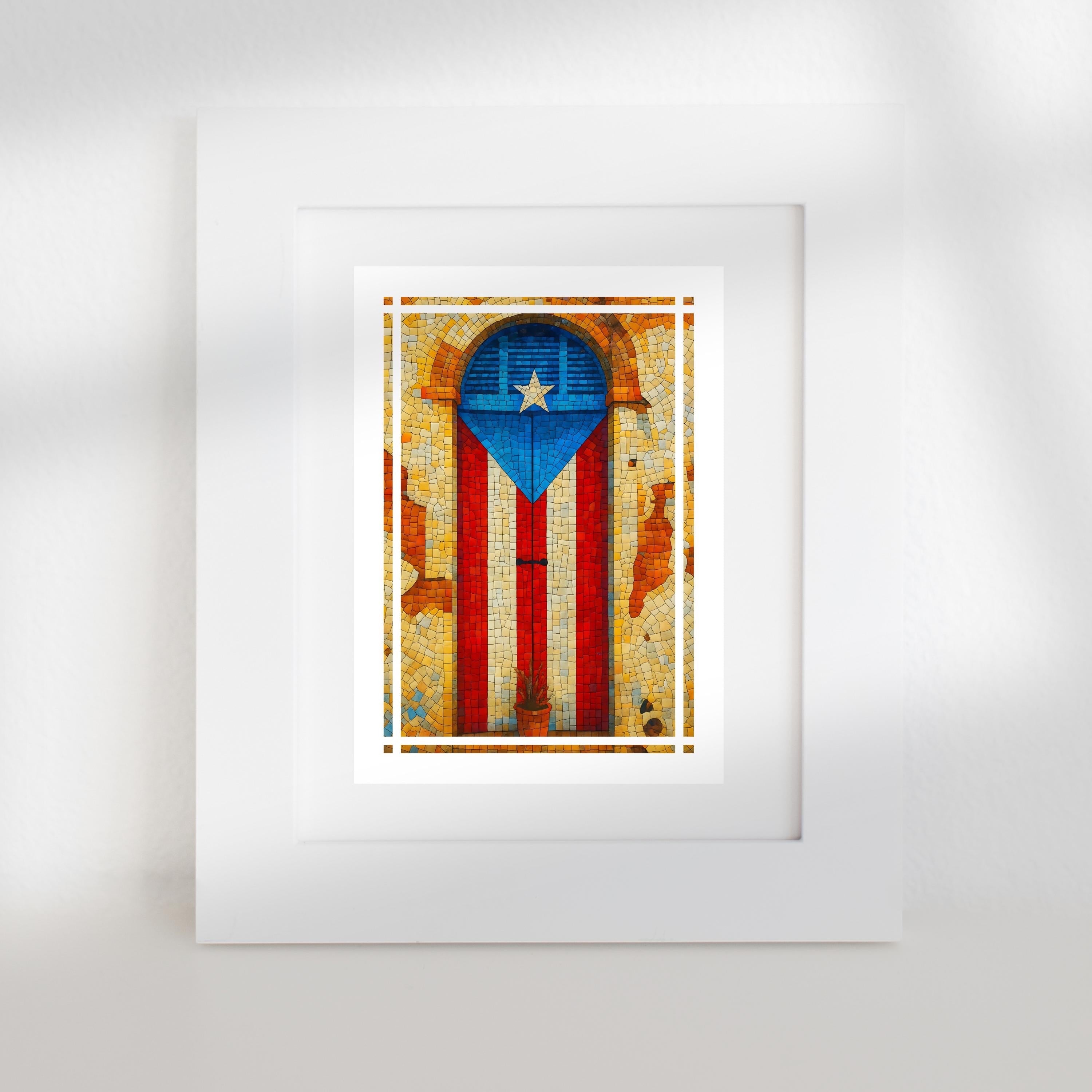 Chévereh Mosaic art print of Puerto Rican flag on a rustic doorway, featuring red, white, and blue tiles.